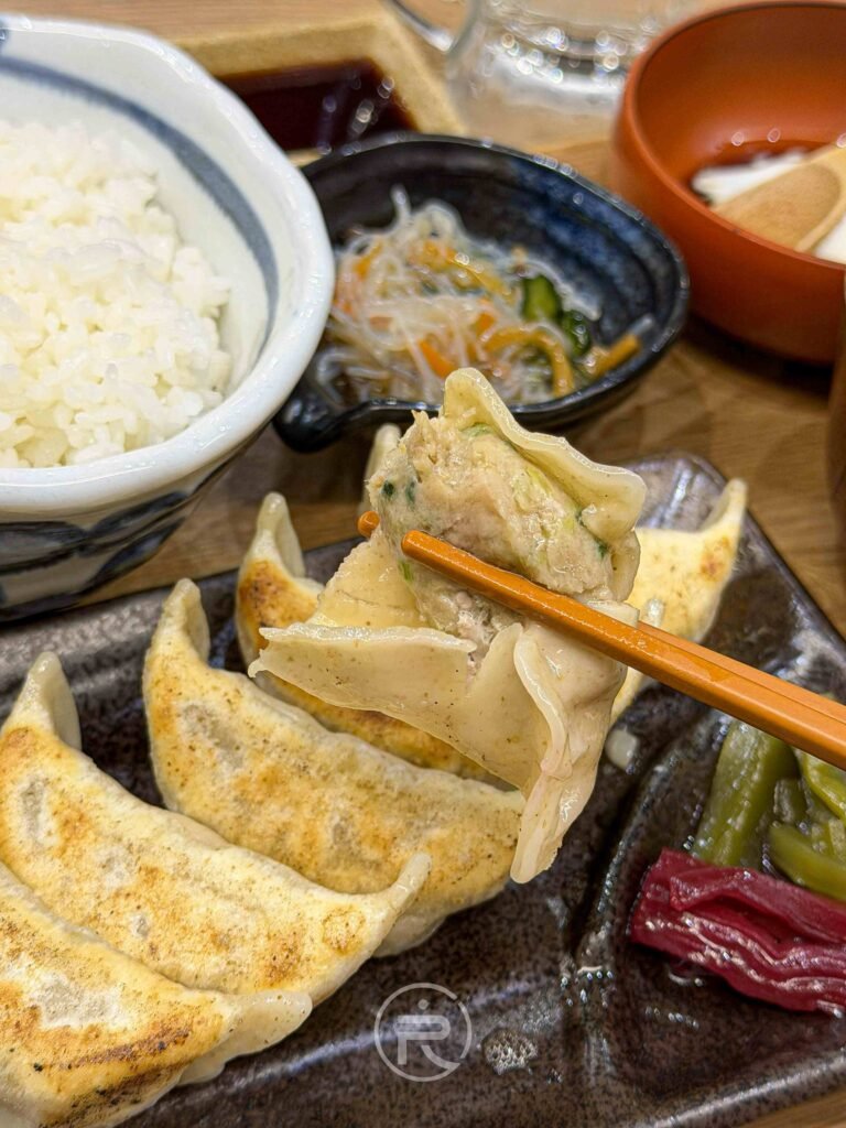 用筷子夾起飽滿的肉汁餃子，展示其紮實的手桿皮質感。