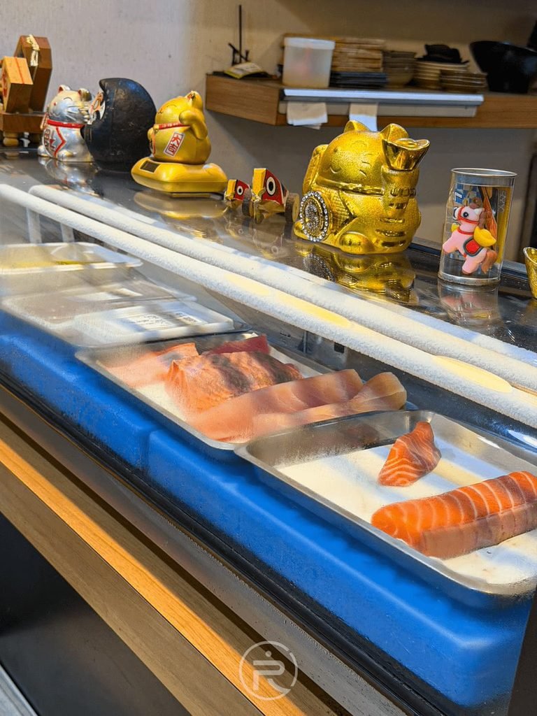 [生魚片冷藏櫥窗]： 吧檯前展示每日新鮮漁獲生魚片的專業冷藏保鮮櫃與招財貓擺設。