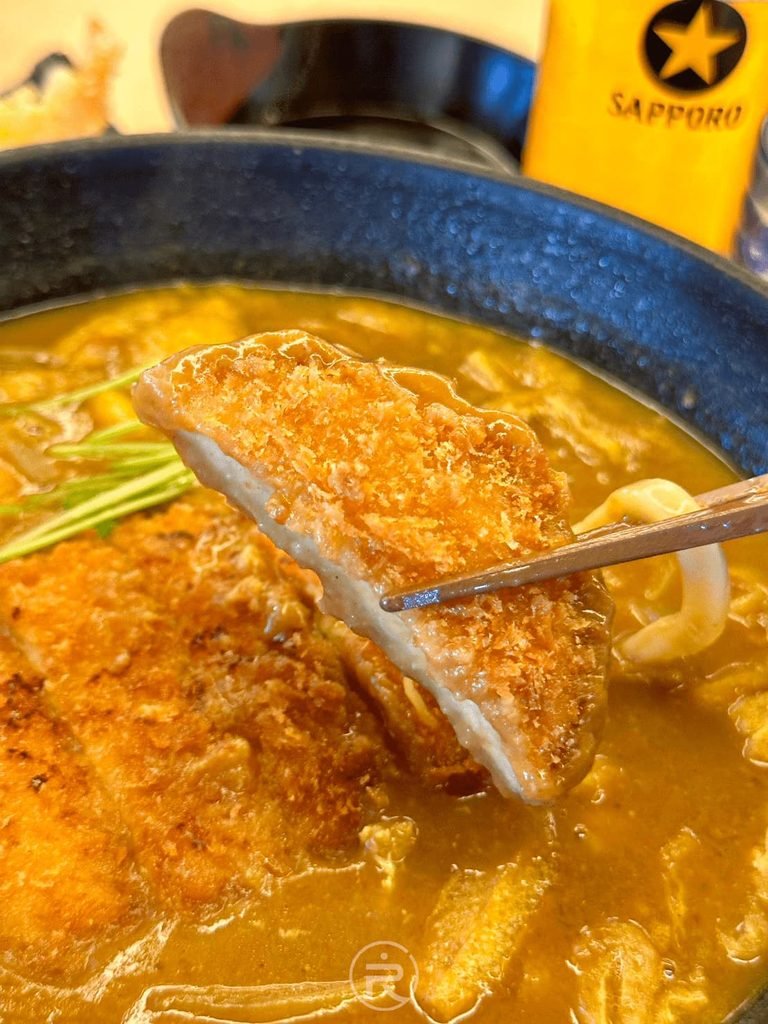  [厚切豬排特寫]： 炸豬排肉質細緻扎實，浸潤在熱騰騰咖哩湯汁中的誘人特寫。