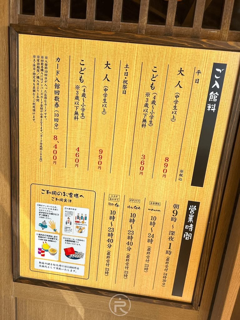  [入館收費標準看板]： 湯樂之里大門口公告的平日與假日大人、小孩入館費用表。
